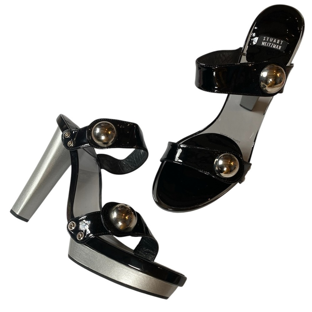 Vintage 90s Stuart Weitzman Black Patent Smoky Lucite Platform Sandals Size 7.5